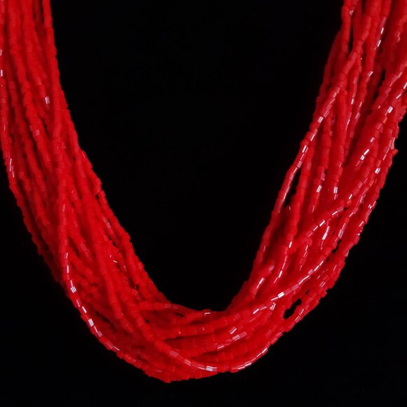 1950s 24 Strand Torsade Art Deco Style Necklace Vivid Red Glass Bugle Beads - Picture 4 of 8